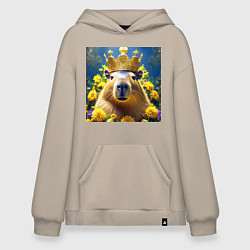 Толстовка-худи оверсайз Мем капибара царь на троне и желтые цветы, цвет: миндальный