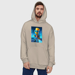 Толстовка-худи оверсайз Барт Симпсон в неоновом городе со скейтбордом - не, цвет: миндальный — фото 2