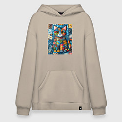Толстовка-худи оверсайз Прикольный котик - пэчворк, цвет: миндальный