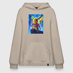 Толстовка-худи оверсайз Neon Pikachu - cyberpunk horror, цвет: миндальный