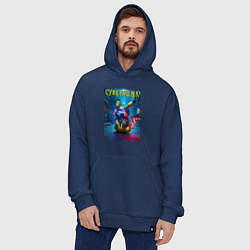Толстовка-худи оверсайз Cyberpunk - cool Pikachu neon glow, цвет: тёмно-синий — фото 2
