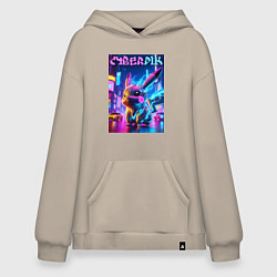 Толстовка-худи оверсайз Кибер Пикачу - неоновое свечение, цвет: миндальный