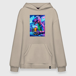 Толстовка-худи оверсайз Неоновый пивозавр за барной стойкой - нейроарт, цвет: миндальный
