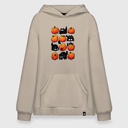 Толстовка-худи оверсайз Котики и тыквы, цвет: миндальный