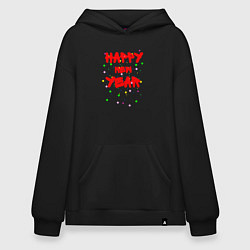 Толстовка-худи оверсайз Happy New Year ярко-красным, цвет: черный