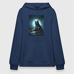 Толстовка-худи оверсайз Кибер кот за компьютером - неоновое свечение, цвет: тёмно-синий