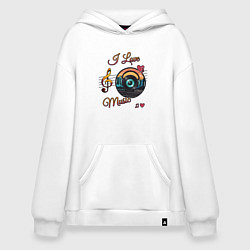 Толстовка-худи оверсайз Я люблю музыку, цвет: белый