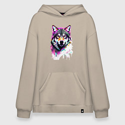Толстовка-худи оверсайз Волчья морда - нейроарт, цвет: миндальный