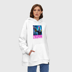 Толстовка-худи оверсайз Homer Simpson with a gun and a donut - neon glow, цвет: белый — фото 2