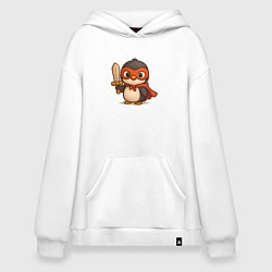 Толстовка-худи оверсайз Маленький пингвин супергерой с мечем, цвет: белый