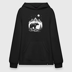 Толстовка-худи оверсайз Ночная симфония гор и медведя, цвет: черный