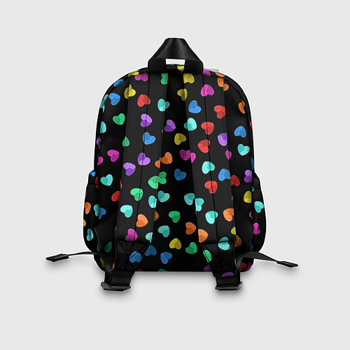 Детский рюкзак Сердечки разноцветные на черном / 3D-принт – фото 2