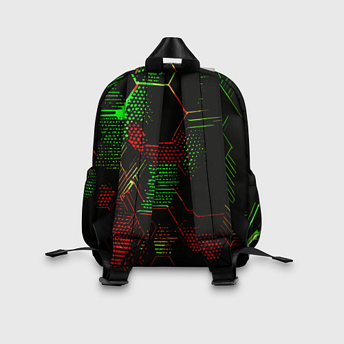 Детский рюкзак Красно-зелёные точки и линии на чёрном фоне / 3D-принт – фото 2
