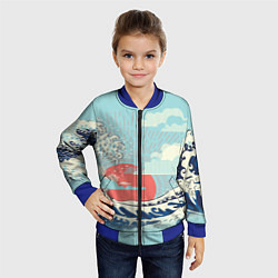 Бомбер детский Морской пейзаж с большими волнами на закате, цвет: 3D-синий — фото 2