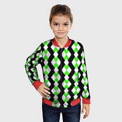 Бомбер детский Зелёные и белые ромбы на чёрном фоне, цвет: 3D-красный — фото 2