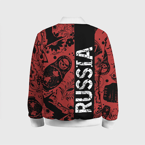 Детский бомбер Россия на фоне матрёшек балалайки и славянских узо / 3D-Белый – фото 2