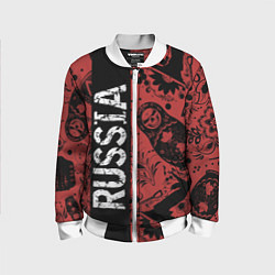 Детский бомбер Россия на фоне матрёшек балалайки и славянских узо