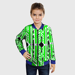 Бомбер детский Бело-зелёные техно полосы на чёрном фоне, цвет: 3D-синий — фото 2