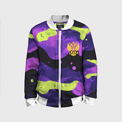 Бомбер детский Черно-фиолетовый камуфляж и золотой герб РФ, цвет: 3D-белый