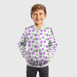 Бомбер детский Зеленые фиолетовые цветы на белом фоне, цвет: 3D-белый — фото 2