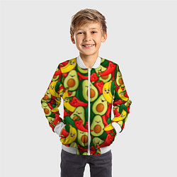 Бомбер детский Авокадо, бананы, перцы чили улыбаются - паттерн фр, цвет: 3D-белый — фото 2