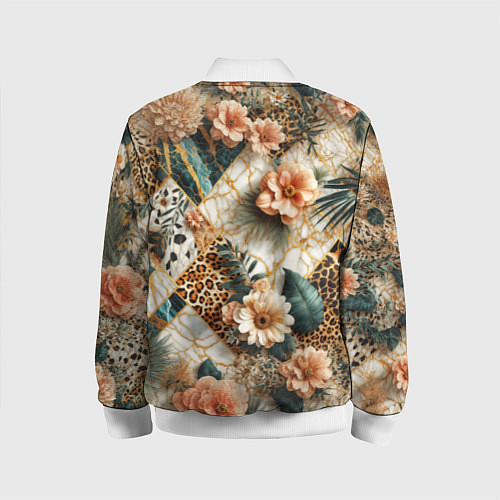 Детский бомбер Цветы на кусках мрамора и леопардовом узоре / 3D-Белый – фото 2