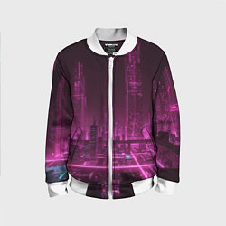Бомбер детский Городской пейзаж неоновый киберпанк, цвет: 3D-белый