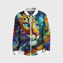 Бомбер детский Морда леопарда - витраж, цвет: 3D-белый