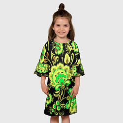 Платье клеш для девочки Хохлома: черный и салатовый, цвет: 3D-принт — фото 2