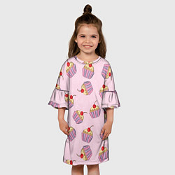 Платье клеш для девочки Капкейки на розовом, цвет: 3D-принт — фото 2