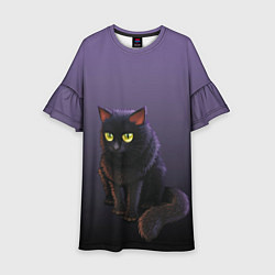 Платье клеш для девочки Черный кот на фиолетовом, цвет: 3D-принт