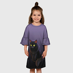Платье клеш для девочки Черный кот на фиолетовом, цвет: 3D-принт — фото 2