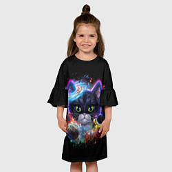 Платье клеш для девочки Космический котик и планеты, цвет: 3D-принт — фото 2