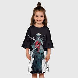 Платье клеш для девочки Скелет Самурай с трубкой на черно белом фоне, цвет: 3D-принт — фото 2