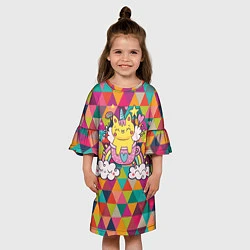 Платье клеш для девочки Единорог на радуге в геометрии, цвет: 3D-принт — фото 2