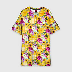 Платье клеш для девочки Подсолнухи и цветы, цвет: 3D-принт