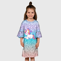 Платье клеш для девочки Единорог голубые блестки, цвет: 3D-принт — фото 2