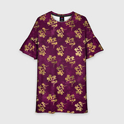 Платье клеш для девочки Золотые ветки на бордовом фоне, цвет: 3D-принт
