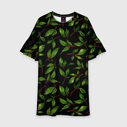Платье клеш для девочки Яркие зеленые листья на черном фоне, цвет: 3D-принт