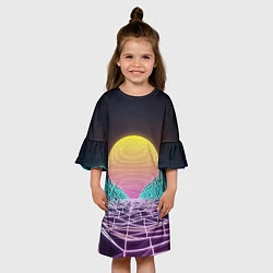 Платье клеш для девочки Vaporwave Закат солнца в горах Neon, цвет: 3D-принт — фото 2