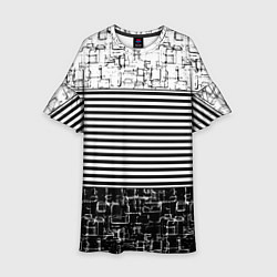 Платье клеш для девочки Черно-белый комбинированный абстрактный с полосаты, цвет: 3D-принт