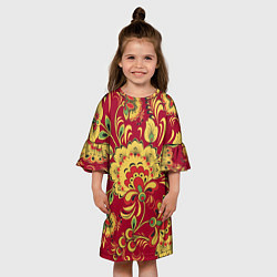 Платье клеш для девочки Хохломская Роспись Цветы На красном Фоне, цвет: 3D-принт — фото 2