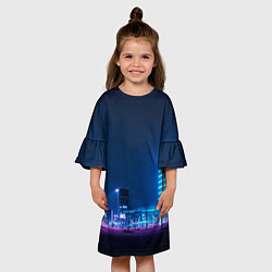 Платье клеш для девочки Неоновый ночной город - Светло-синий, цвет: 3D-принт — фото 2