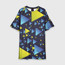 Платье клеш для девочки Абстракция Из Жёлтых и Синих Треугольников На Тёмн, цвет: 3D-принт