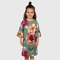 Платье клеш для девочки Цветы Нарисованные Розы и Пионы, цвет: 3D-принт — фото 2