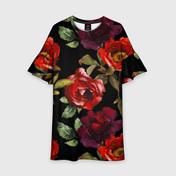 Платье клеш для девочки Цветы Нарисованные Розы На Чёрном Фоне, цвет: 3D-принт