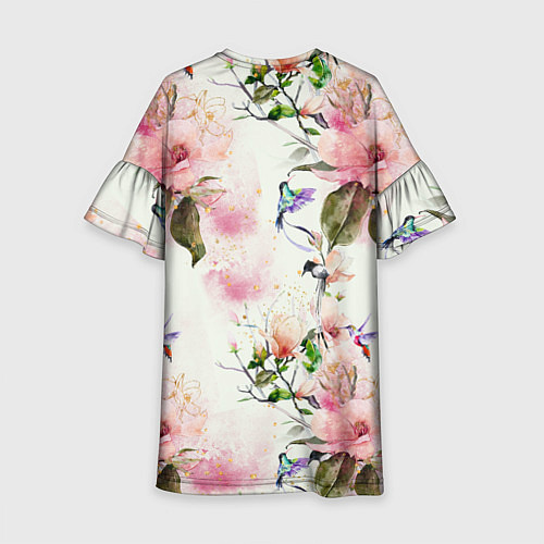 Детское платье Цветы Нарисованные Магнолии и Разноцветные Птицы / 3D-принт – фото 2
