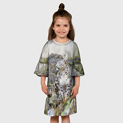 Платье клеш для девочки Снежный барс среди скал, цвет: 3D-принт — фото 2