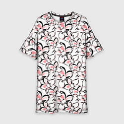 Платье клеш для девочки Бело-розовые цветы с черной обводкой, цвет: 3D-принт