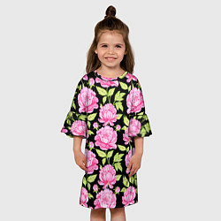 Платье клеш для девочки Розовые пионы на черном, цвет: 3D-принт — фото 2
